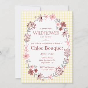 015 Lemon Yellow Wildflower Gingham Baby Shower Invitation