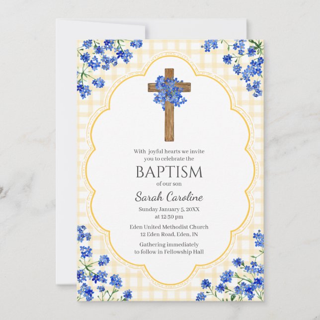 016 Marigold Blossom Rustic Cross Design Baptism Invitation (Front)