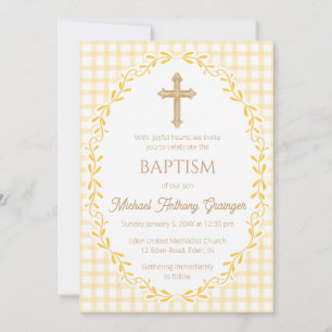 016 Marigold Botanical Vine Ornate Cross Baptism Invitation