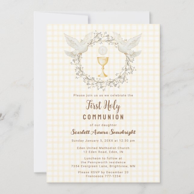 016 Marigold Dove & Chalice Gingham 1st Communion Invitation (Front)