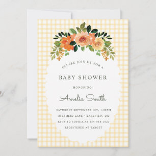 016 Marigold Floral Gingham Baby Shower Invitation