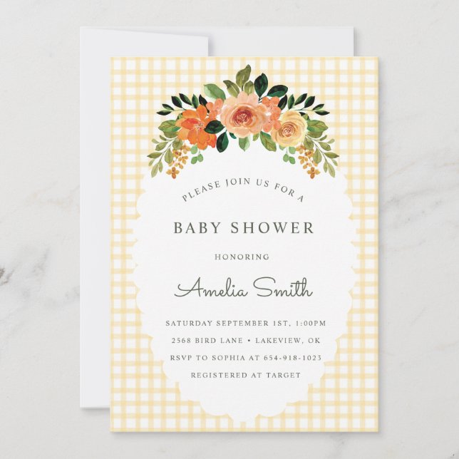 016 Marigold Floral Gingham Baby Shower Invitation (Front)