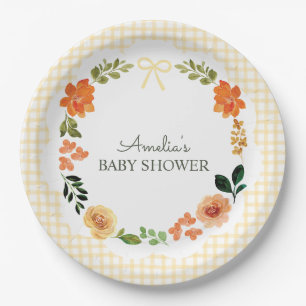 016 Marigold Floral Gingham Baby Shower Paper Plate