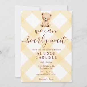 016 Marigold Teddy Bear Gingham Baby Shower Invitation