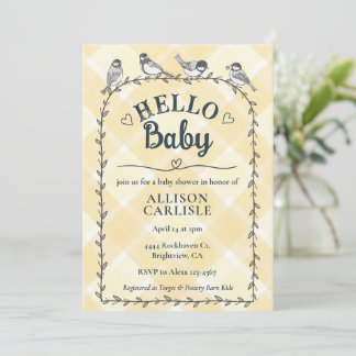 016 Marigold Watercolor Gingham Birds Baby Shower Invitation