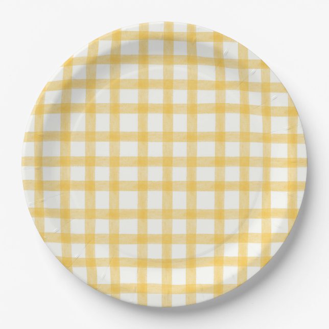 016 Marigold Watercolor Gingham L Paper Plates (Front)