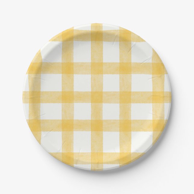016 Marigold Watercolor Gingham Small Paper Plates (Front)