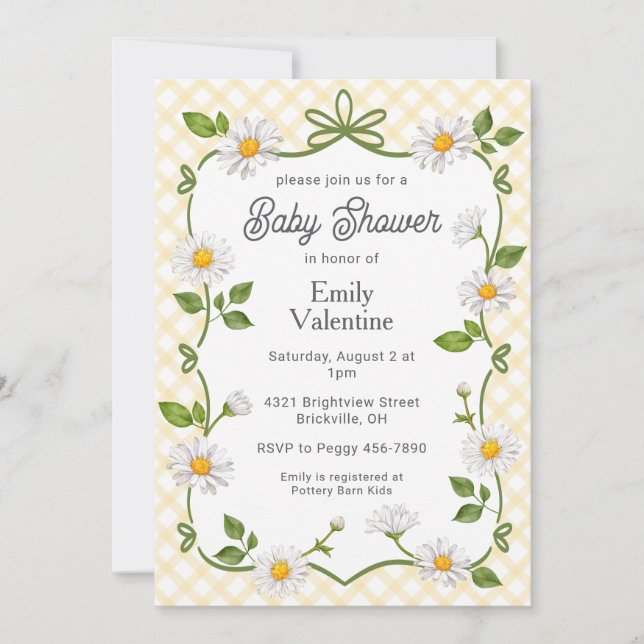 016 Marigold Yellow Floral Daisy Plaid Baby Shower Invitation (Front)