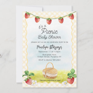 016 Marigold Yellow Strawberry Picnic Baby Shower Invitation