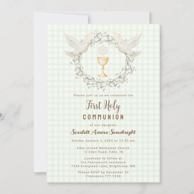 017 Moss Dove & Chalice Gingham 1st Communion Invitation (Front)