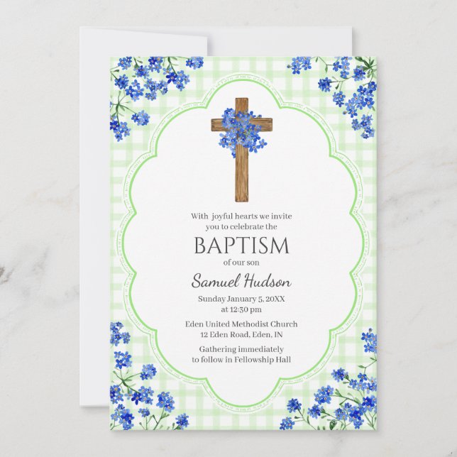 017 Moss Green Blossom Rustic Cross Design Baptism Invitation (Front)