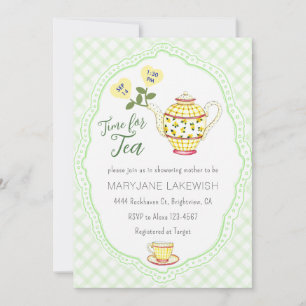 017 Moss Green Cute Gingham Tea Party Baby Shower Invitation