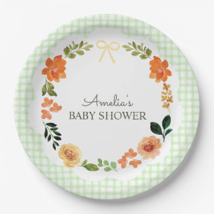 017 Moss Green Floral Gingham Baby Shower Paper Plate