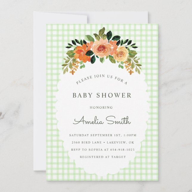 017 Moss Green Gingham Baby Shower Invitations (Front)