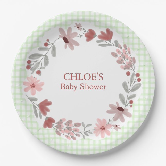 017 Moss Green Wildflower Bow Frame Gingham Paper Plate (Front)