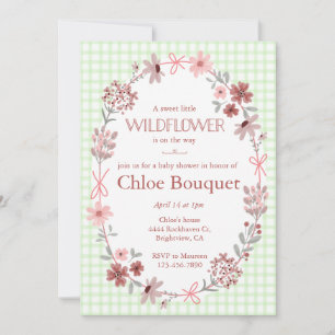 017 Moss Green Wildflower Bow Gingham Baby Shower Invitation