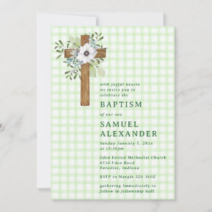017 Moss Rustic Greenery Wooden Cross Baptism Invitation