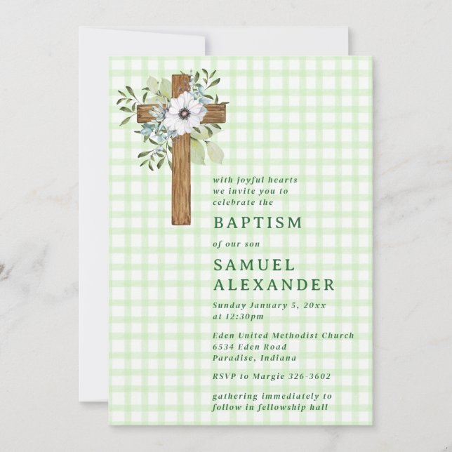 017 Moss Rustic Greenery Wooden Cross Baptism Invitation (Front)