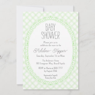 017 Moss Vintage Lace Frame Gingham Baby Shower Invitation