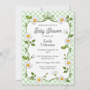 018 Grass Green Floral Daisy Plaid Baby Shower Invitation