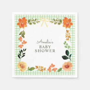 018 Grass Green Floral Gingham Baby Shower Napkin