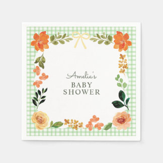 018 Grass Green Floral Gingham Baby Shower Napkin
