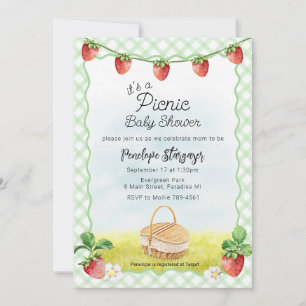 018 Grass Green Strawberry Picnic Baby Shower Invitation
