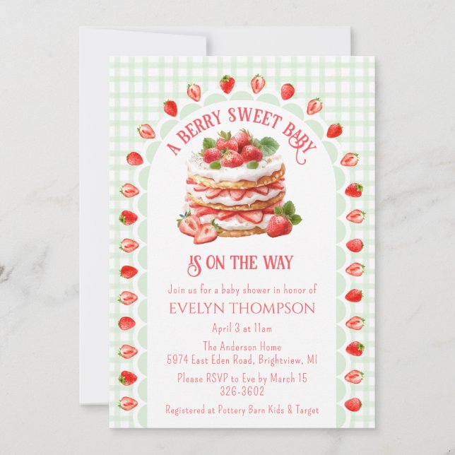 018 Grass Green Strawberry Shortcake Baby Shower Invitation (Front)