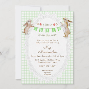 018 Grass Green Sweet Bunny Gingham Baby Shower Invitation