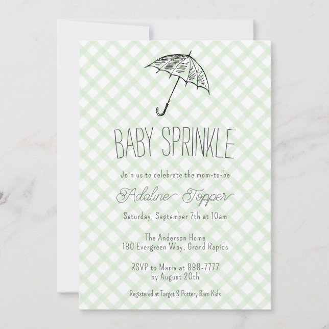 018 Grass Green Umbrella Gingham Baby Sprinkle Invitation (Front)