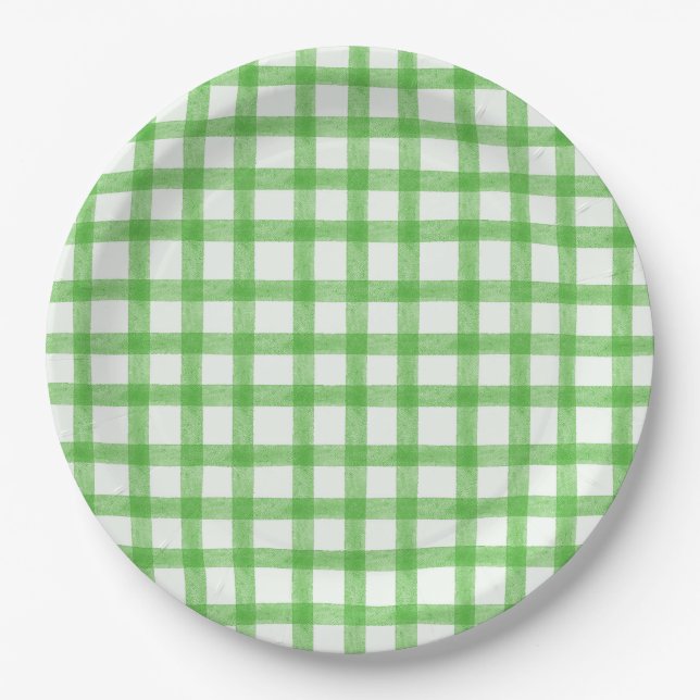 018 Grass Green Watercolor Gingham L Paper Plates (Front)
