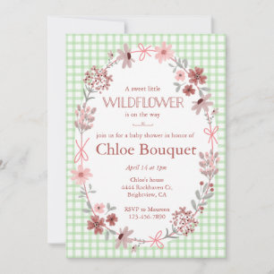 018 Grass Green Wildflower Bow Gingham Baby Shower Invitation