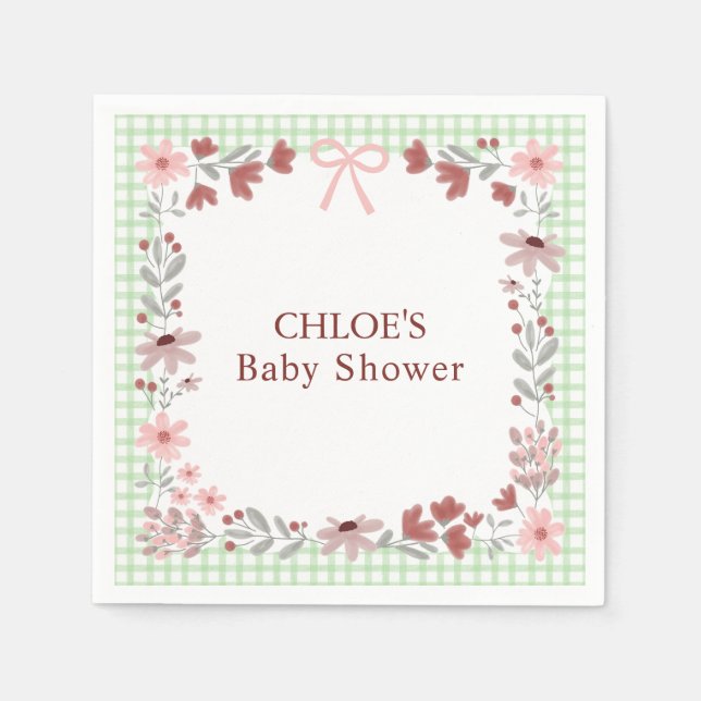018 Grass Green Wildflower Bow Gingham Shower Napkin (Front)