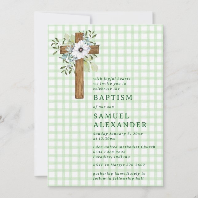 018 Grass Rustic Greenery Wooden Cross Baptism Invitation (Front)