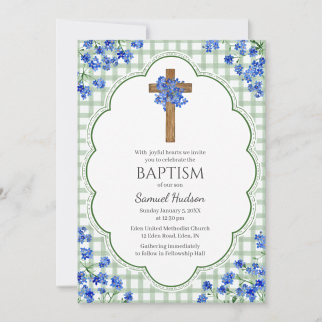019 Forest Blossom Rustic Cross Design Baptism Invitation (Front)