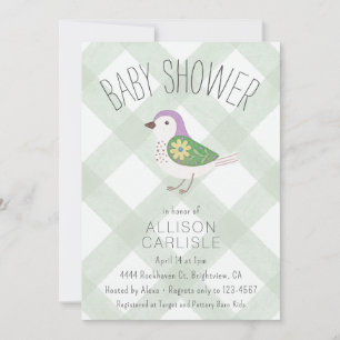 019 Forest Cute Floral Bird Gingham Baby Shower Invitation