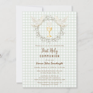 019 Forest Dove & Chalice Gingham 1st Communion Invitation