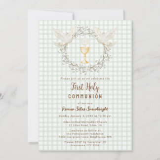 019 Forest Dove & Chalice Gingham 1st Communion Invitation
