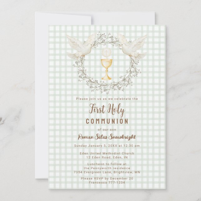 019 Forest Dove & Chalice Gingham 1st Communion Invitation (Front)