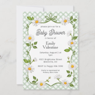 019 Forest Green Floral Daisy Plaid Baby Shower Invitation