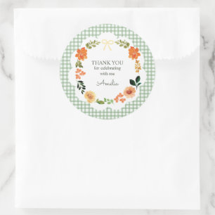 019 Forest Green Floral Gingham Baby Shower Classic Round Sticker