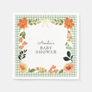 019 Forest Green Floral Gingham Baby Shower Napkin