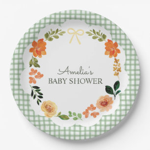 019 Forest Green Floral Gingham Baby Shower Paper Plate