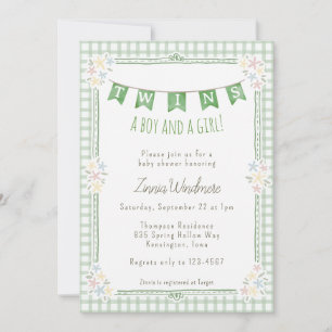 019 Forest Green Gingham Floral Twins Baby Shower Invitation