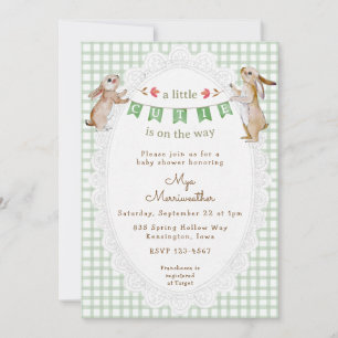 019 Forest Green Sweet Bunny Gingham Baby Shower Invitation