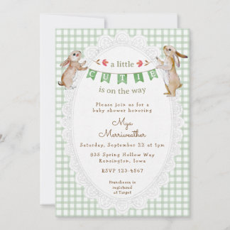 019 Forest Green Sweet Bunny Gingham Baby Shower Invitation