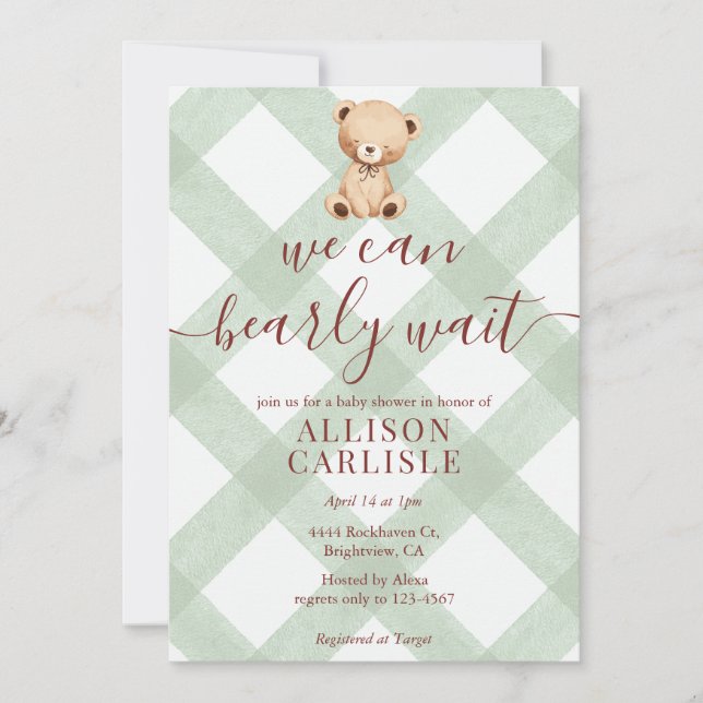 019 Forest Green Teddy Bear Gingham Baby Shower Invitation (Front)