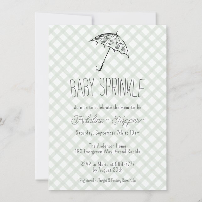 019 Forest Green Umbrella Gingham Baby Sprinkle Invitation (Front)