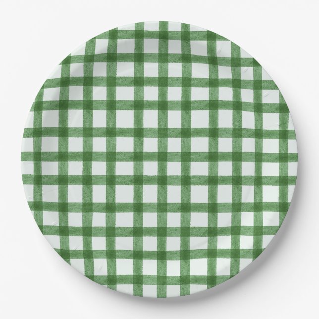 019 Forest Green Watercolor Gingham L Paper Plates (Front)