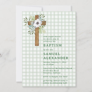 019 Forest Rustic Greenery Wooden Cross Baptism Invitation